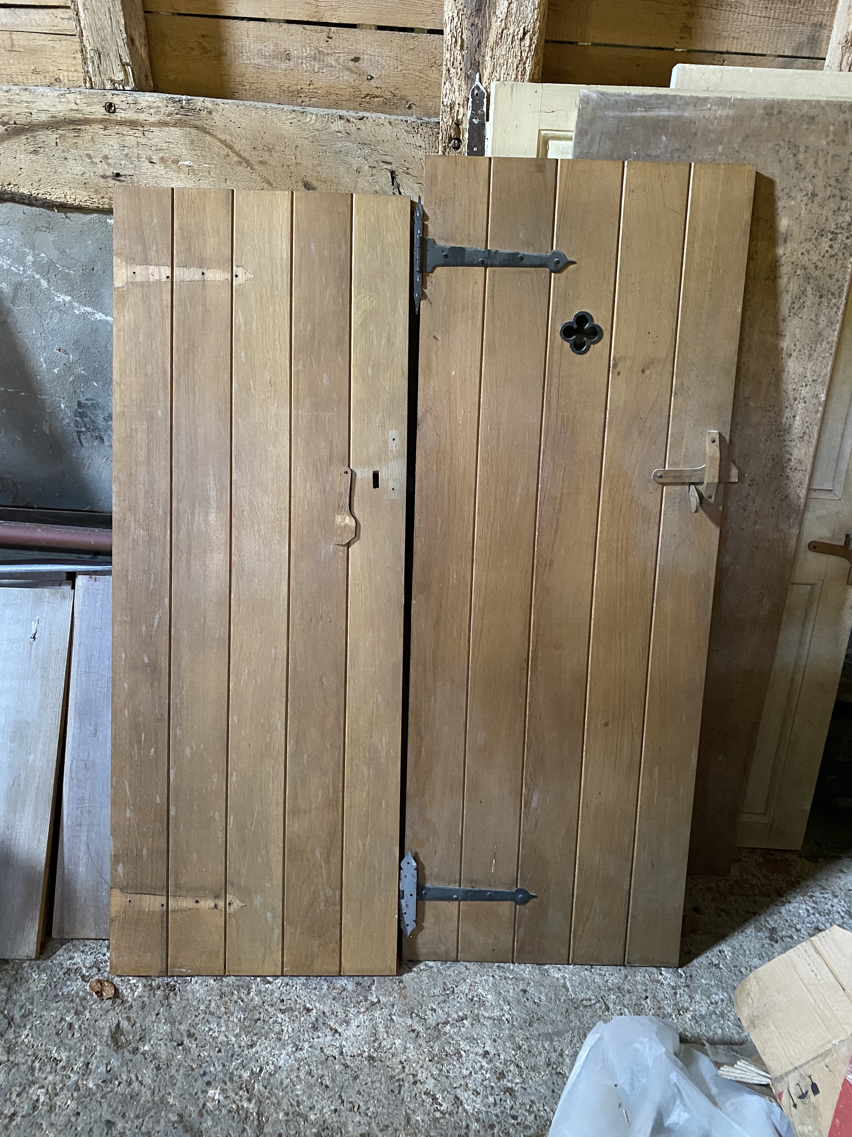 Four panelled solid oak doors, 210 x 86.5cm; 200 x 62.5cm; 171 x 63.5cm and 72 x 63.5cm